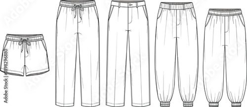 Casual pants and shorts technical fashion illustration set showing multiple styles isolated on white background for apparel design and template use