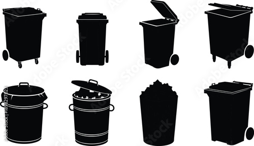 Set of trash bin and garbage container silhouettes isolated on white background, black waste management icons for recycling, sanitation, and environmental design concepts