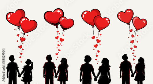 Four pairs of loving couples silhouetted holding hands gazing upwards at floating red heart balloons on white background