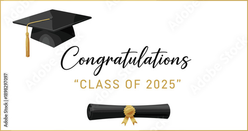 Black graduation cap with gold tassel and diploma scroll with gold ribbon congratulations of 2025