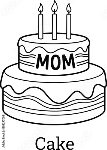 Two tier cake with candles and the word M O M in black outline birthday celebration