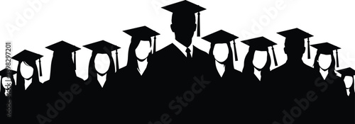 Black silhouette of diverse graduates wearing academic caps and gowns graduation