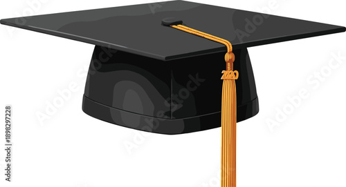 Black graduation cap with gold tassel and 2020 year charm on white background mortarboard