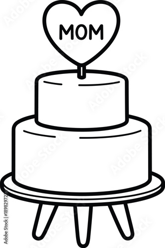 Black and white line of a two-tier cake with a heart-shaped topper saying M O M two tier cake