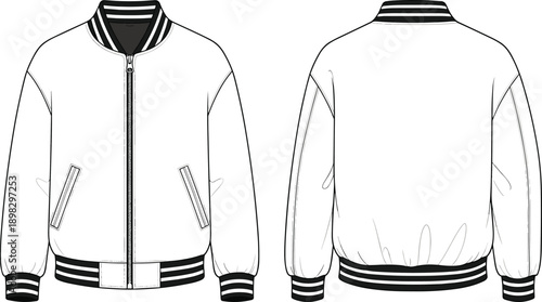 Varsity bomber jacket technical fashion illustration showing front and back views isolated on white background for apparel design template use