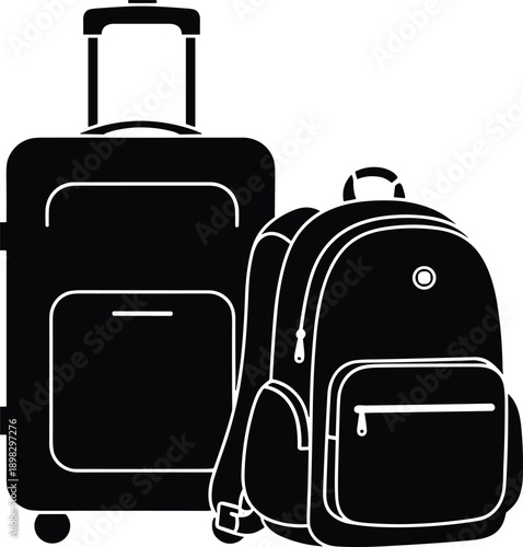 Black silhouette of a rolling suitcase and backpack with white outlines luggage travel