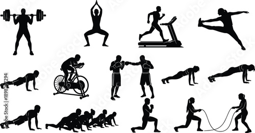 Collection of black silhouettes of people exercising and lifting weights fitness