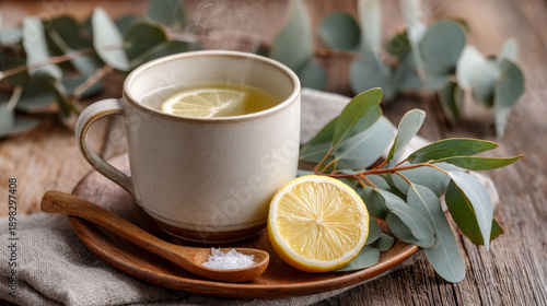 Cup of hot lemon water with eucalyptus leaves, wooden plate, rustic table, cozy, fresh, natural, healthy drink