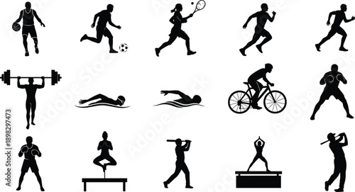 Collection of black sport silhouettes including basketball soccer tennis running cycling boxing swimming weightlifting yoga and baseball