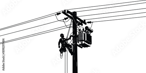Electric lineman working on power pole silhouette with transformer and overhead cables isolated on white background representing utility maintenance