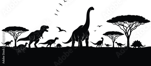 Dinosaur silhouettes landscape with prehistoric animals, trees, and flying reptiles isolated on white background representing Jurassic wildlife scene