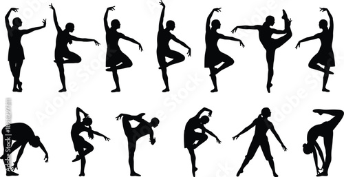 Collection of black silhouettes of female dancers in various ballet and contemporary poses