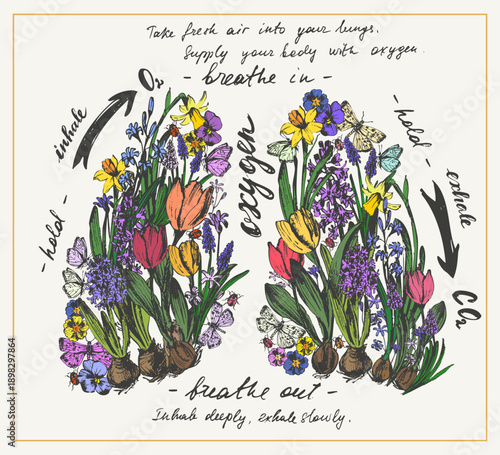 Human lungs floral decorative vector illustration. Internal body organ anatomy health concept. Lifestyle and medical creative drawing poster with spring flowers, butterflies and lettering.
