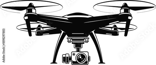 Black silhouette of a quadcopter drone with a camera suspended below aerial vehicle