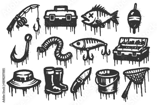 Surreal dripping fishing icons and gear set in black and white.