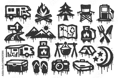 Rustic camping icons: campfire, tent, nature, map, mountains, rv, adventure illustrations.