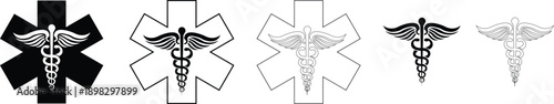 Medical snake and caduceus star of life icons set with pharmacy and healthcare symbols in flat and line style, isolated on transparent background, medical icon collection group