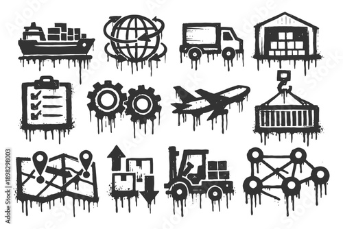 Grunge style logistics icons: shipping, transport, and technology symbols in black.