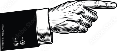 Vintage engraved pointing hand illustration isolated on white background showing direction, guidance, instruction, attention, or classic signage concept