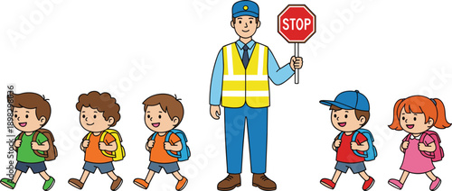 School crossing guard holding stop sign while young children with backpacks safely cross the street together during school hours