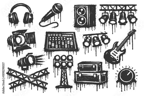 Grunge music equipment icons: headphones, microphone, speakers, lighting, guitar, soundboard.