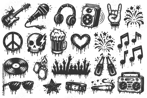 Grunge music icons and symbols with skull, guitar, headphones, and more.