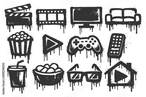 Grunge entertainment icons: tv, popcorn, gaming, remote, movie symbols.