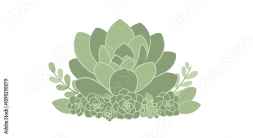 Viewing a symmetrical succulent plant arrangement in close-up, green leaves centered on a crisp white background