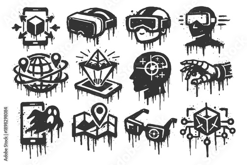 Dripping graffiti icons of virtual reality and augmented technology concepts.