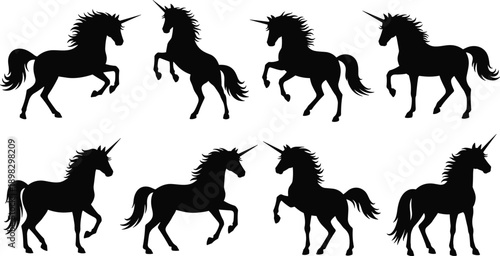 Collection of eight black silhouette unicorns in various poses on a white background