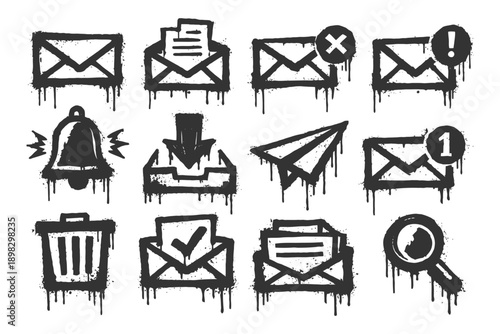 Grunge email icons set with drip effect: envelopes, notifications, tools.