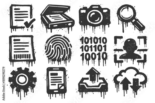 Grungy black icons of technology and security in dripping paint style.
