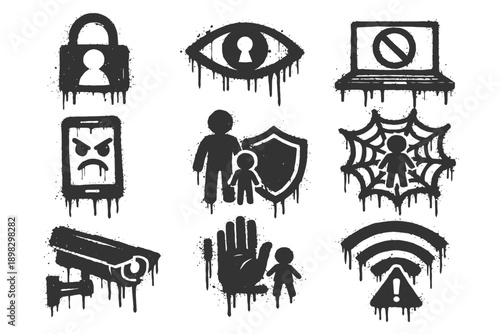 Grunge icons of cybersecurity themes: privacy, protection, surveillance, and warnings.