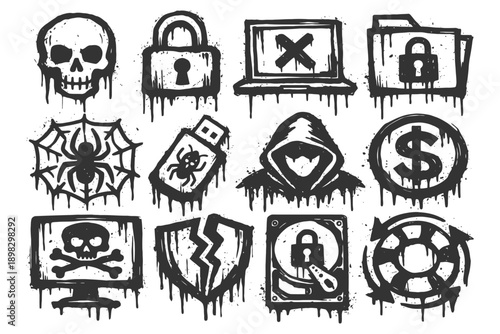 Grunge cyber crime icons: skull, lock, hooded figure, dollar, cybersecurity and hacks.