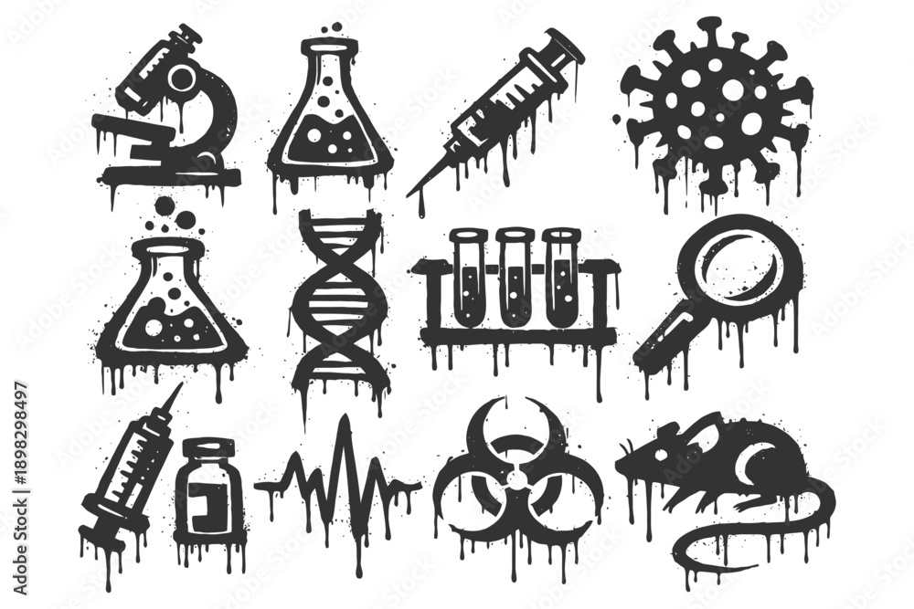 Fototapeta premium Dripping science icons: microscope, test tubes, dna, biohazard, virus.