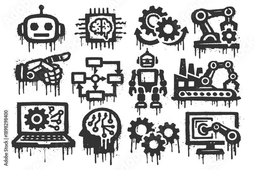 Grunge style robotics and ai icons with industrial and technological themes.