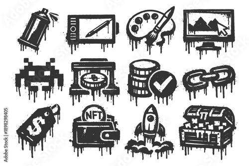 Graffiti-style digital art icons: paintbrush, bitcoin, nft, computer, rocket, treasure chest.