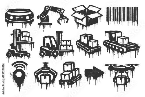 Industrial logistics icons: forklift, machinery, barcode, gps, drone in grunge style.