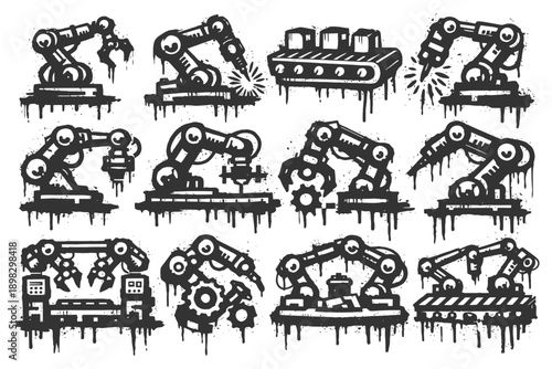 Industrial robotic arms in various assembly line configurations.