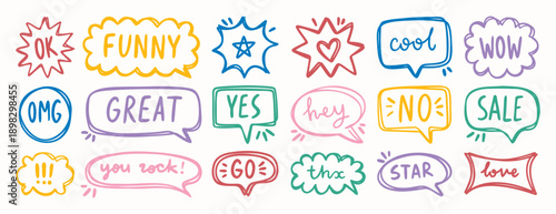 Bright hand drawn speech bubbles with short fun messages, decorative elements for design