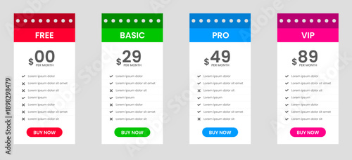 Professional four Tier Subscription website Price table template. business plan price list. product package price. Subscription Package Pricing Comparison. Minimalistic pricing list layout design.