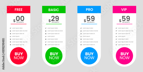 Professional four Tier Subscription website Price table template. business plan price list. product package price. Subscription Package Pricing Comparison. Minimalistic pricing list layout design.