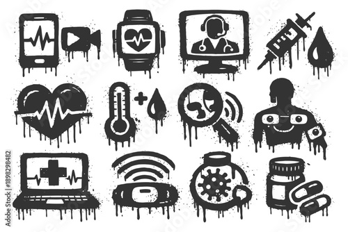 Grunge medical icon set: heartbeat, technology, virus, syringe, health symbols.