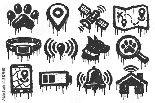 Grunge-style pet tracking icons: gps, collar, satellite, map, and more.