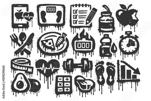 Fitness icons collection: health, diet, exercise, nutrition, wellness symbols.