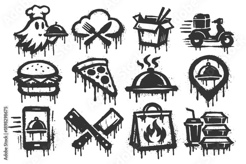 Grunge food delivery icons: chef, pizza, burger, scooter, phone.