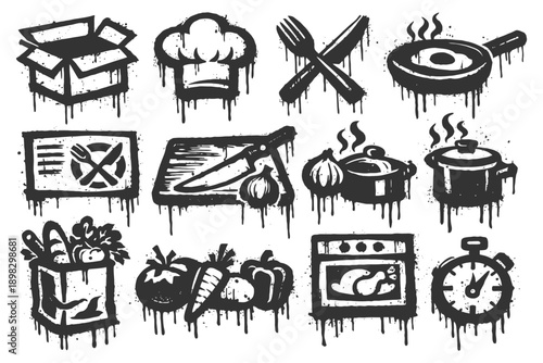 Grunge kitchen icons: cooking, baking, and food prep tools in monochrome style.