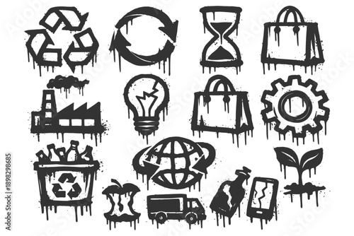Urban graffiti icons representing recycling and sustainability concepts.
