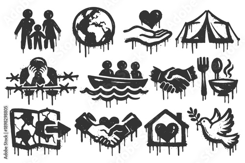 Symbolic refugee crisis icons depicting family, earth, shelter, and unity in grunge style.