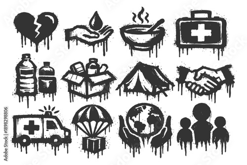 Definitive black and white humanitarian aid icons: heart, tent, globe, first aid, warm meal, shelter.
